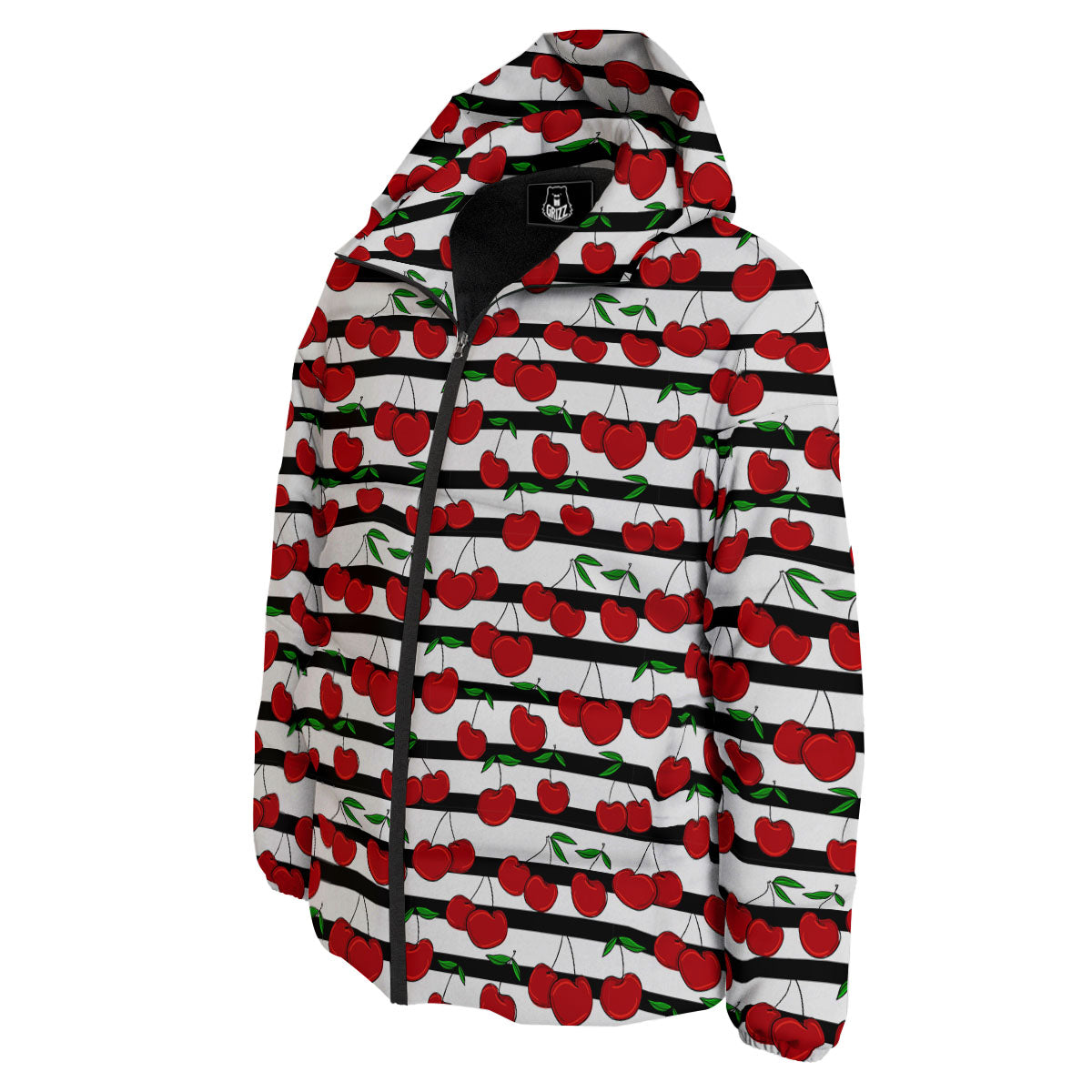 Striped Cherry Print Pattern Down Jacket-grizzshop