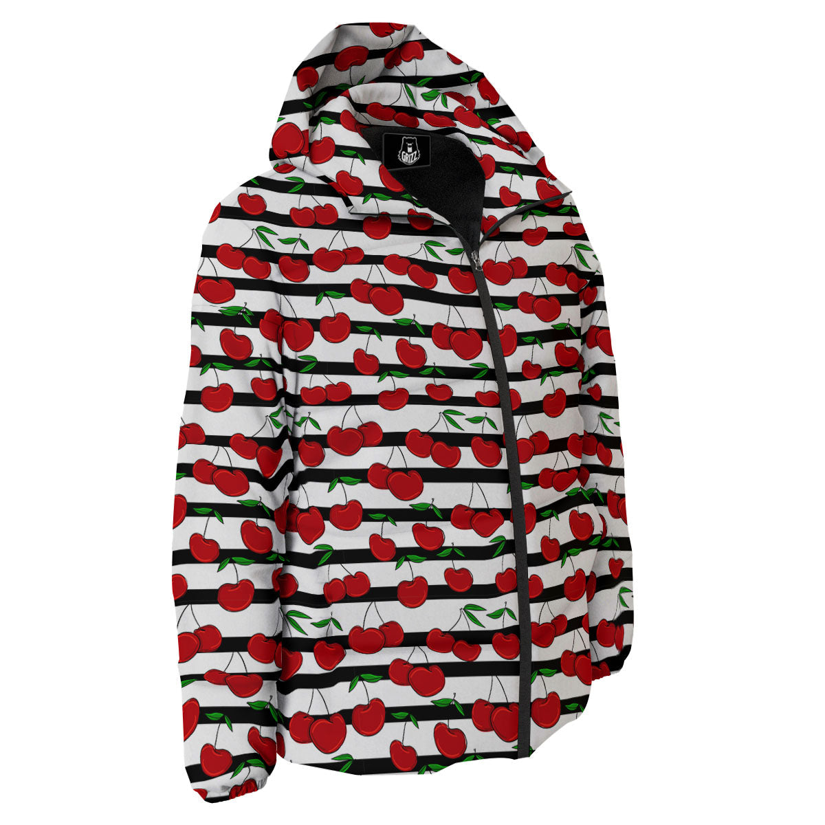 Striped Cherry Print Pattern Down Jacket-grizzshop