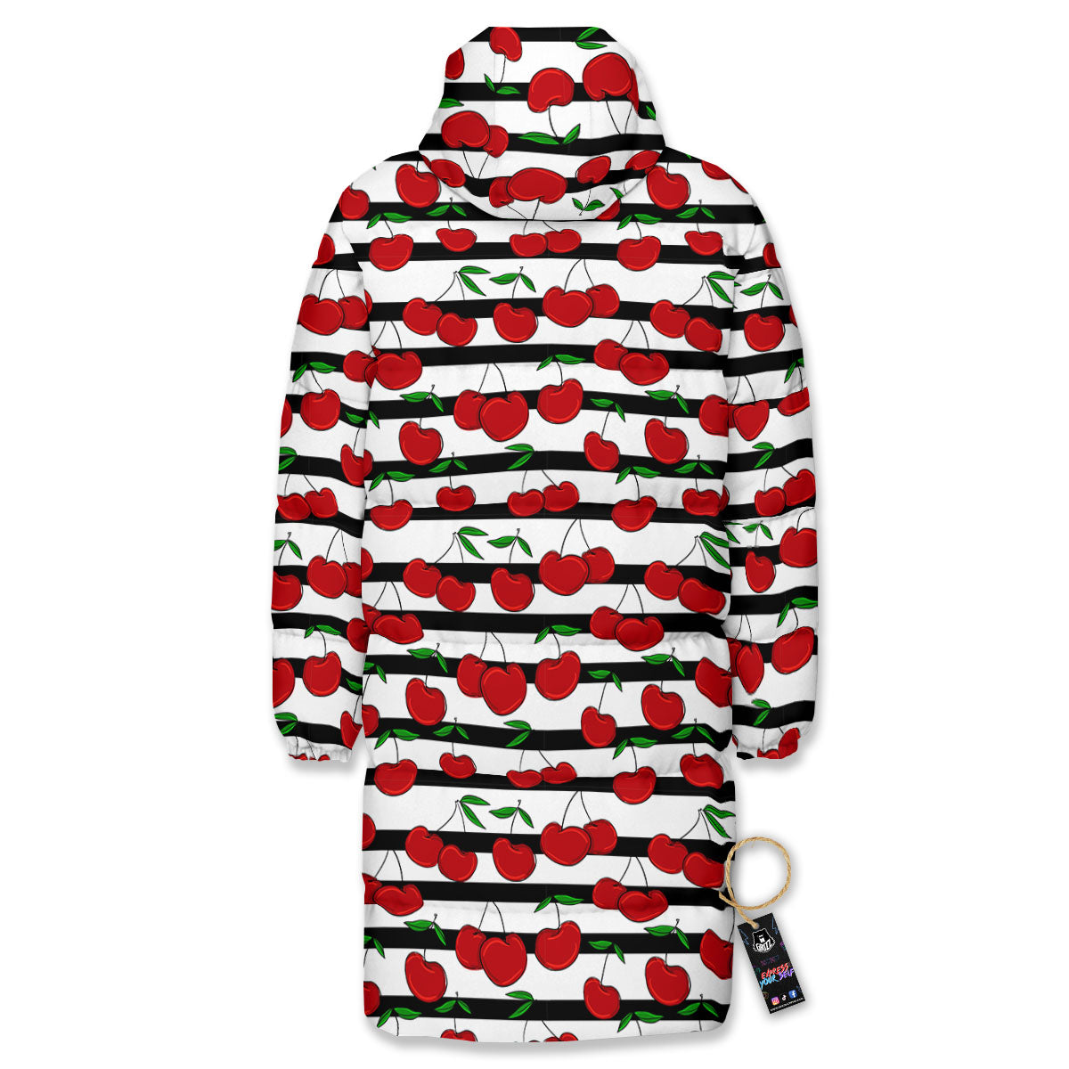 Striped Cherry Print Pattern Long Down Jacket-grizzshop