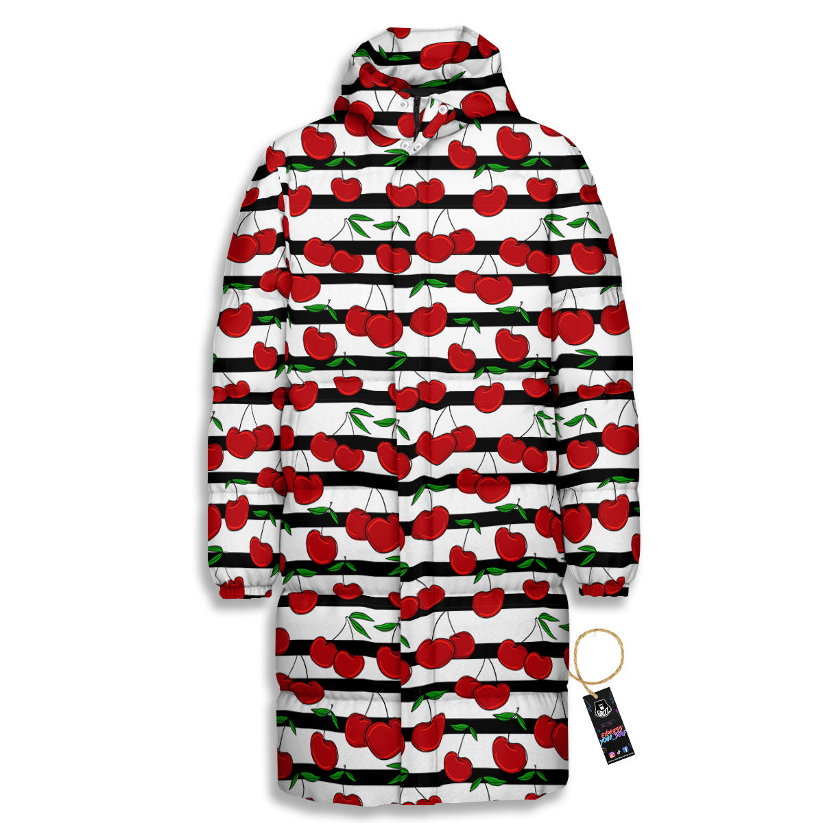 Striped Cherry Print Pattern Long Down Jacket-grizzshop