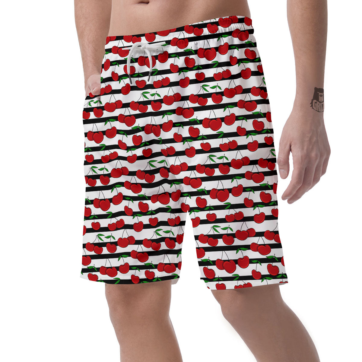 Striped Cherry Print Pattern Men's Shorts-grizzshop