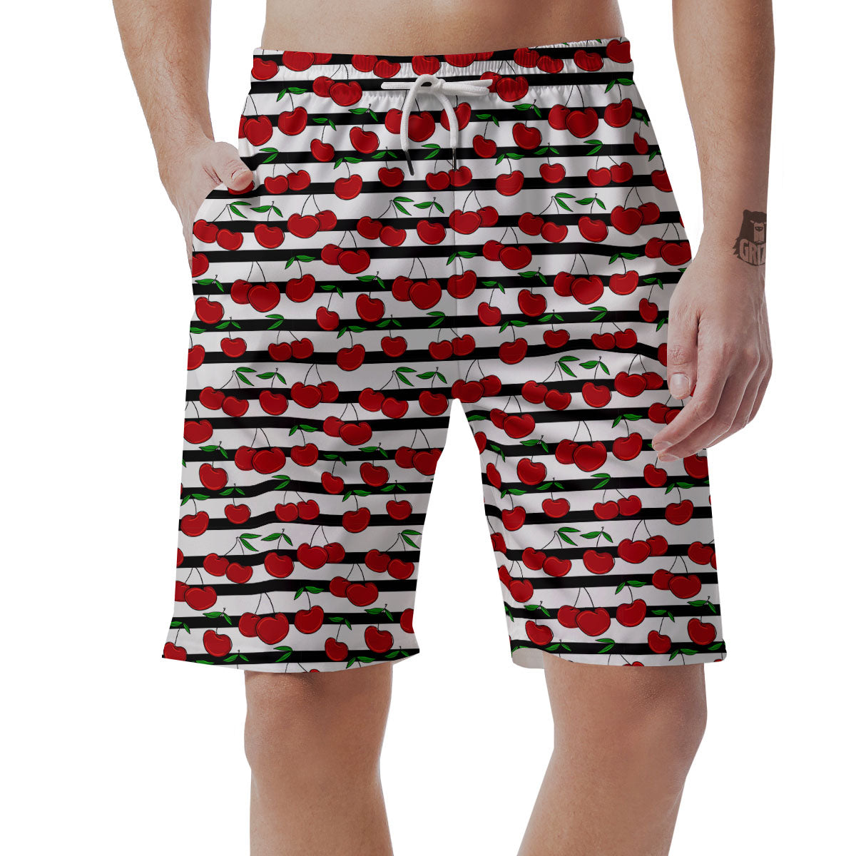 Striped Cherry Print Pattern Men's Shorts-grizzshop