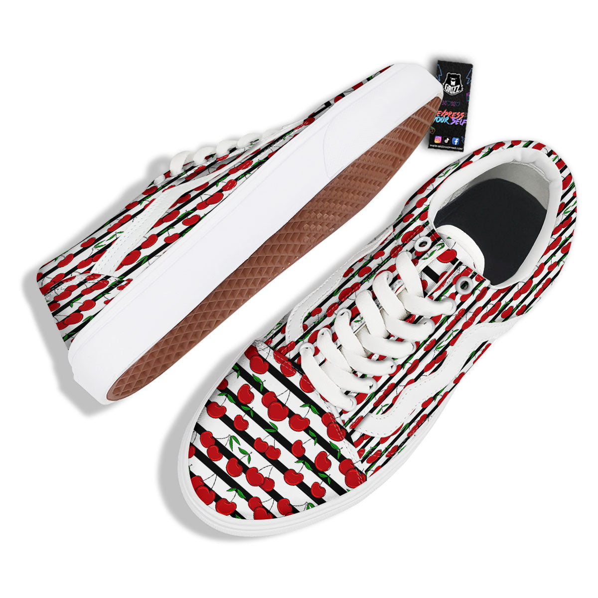 Striped Cherry Print Pattern Skate Shoes-grizzshop