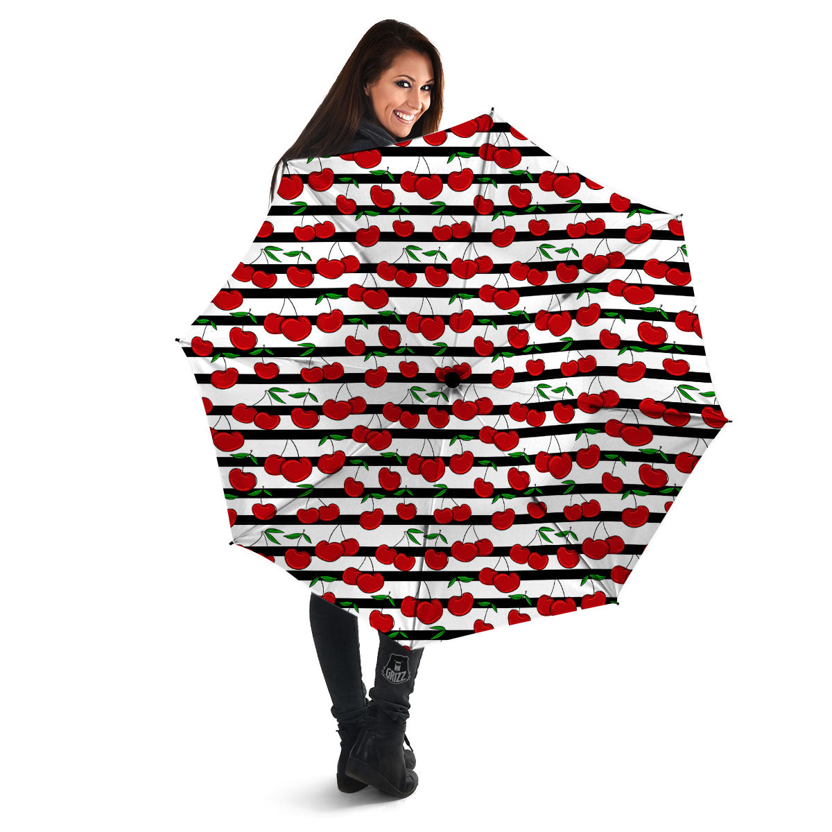 Striped Cherry Print Pattern Umbrella-grizzshop