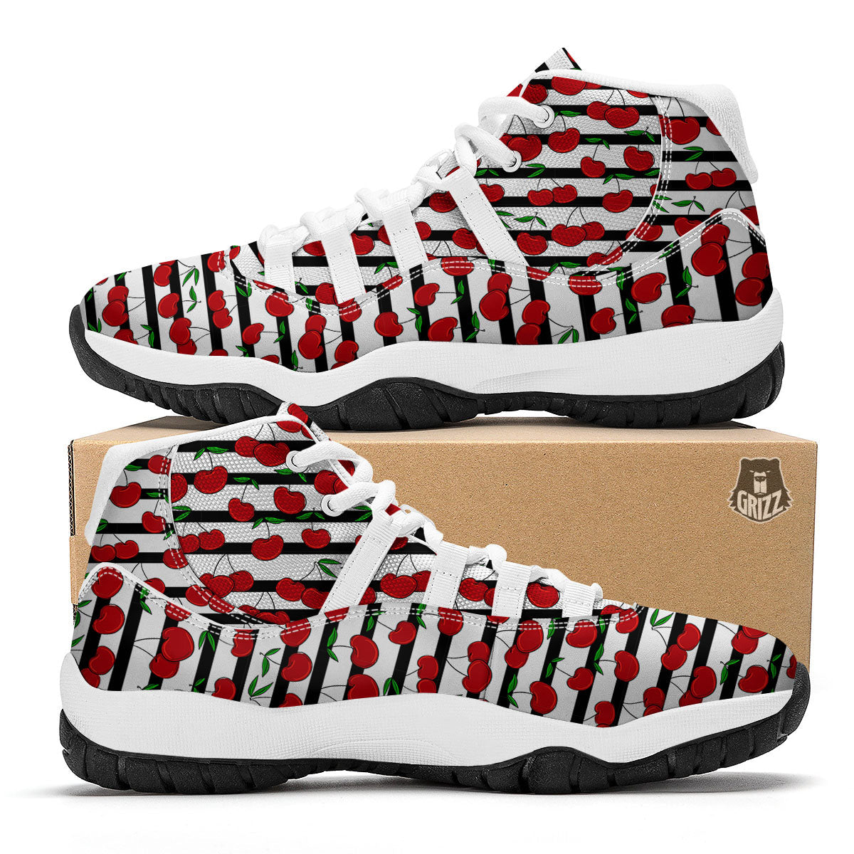 Striped Cherry Print Pattern White Bball Shoes-grizzshop