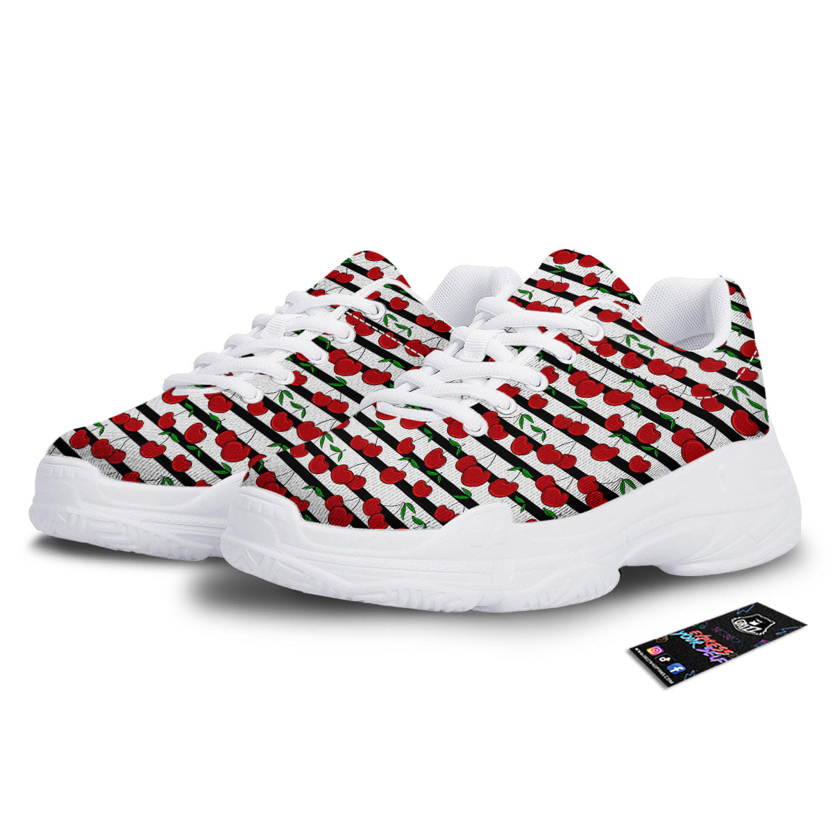 Striped Cherry Print Pattern White Chunky Shoes-grizzshop