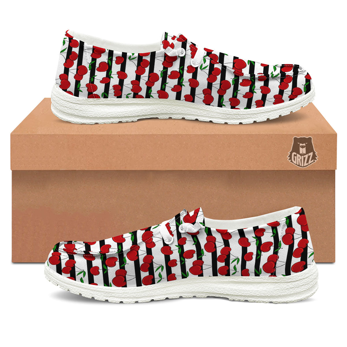 Striped Cherry Print Pattern White Loafers-grizzshop