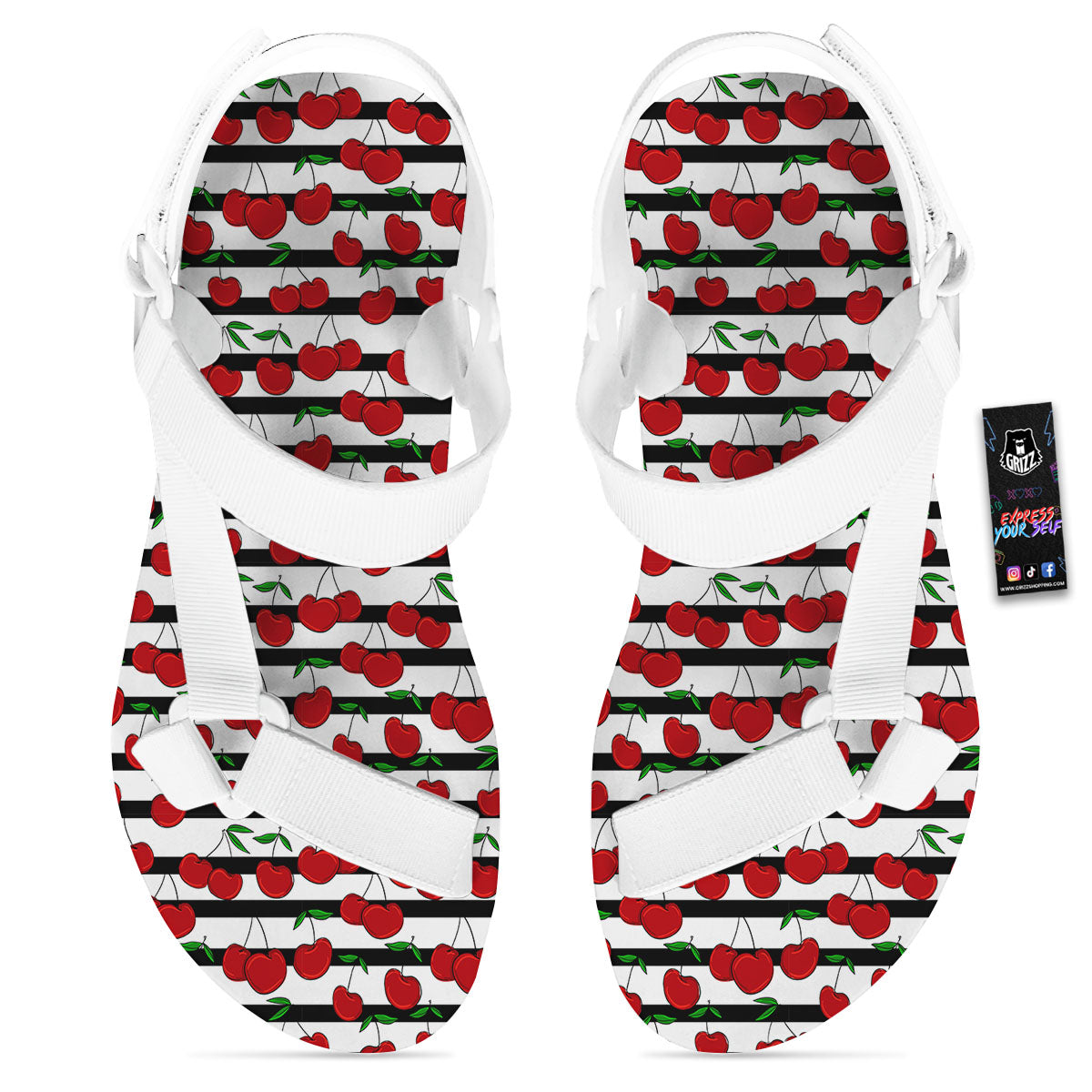 Striped Cherry Print Pattern White Open Toe Sandals-grizzshop