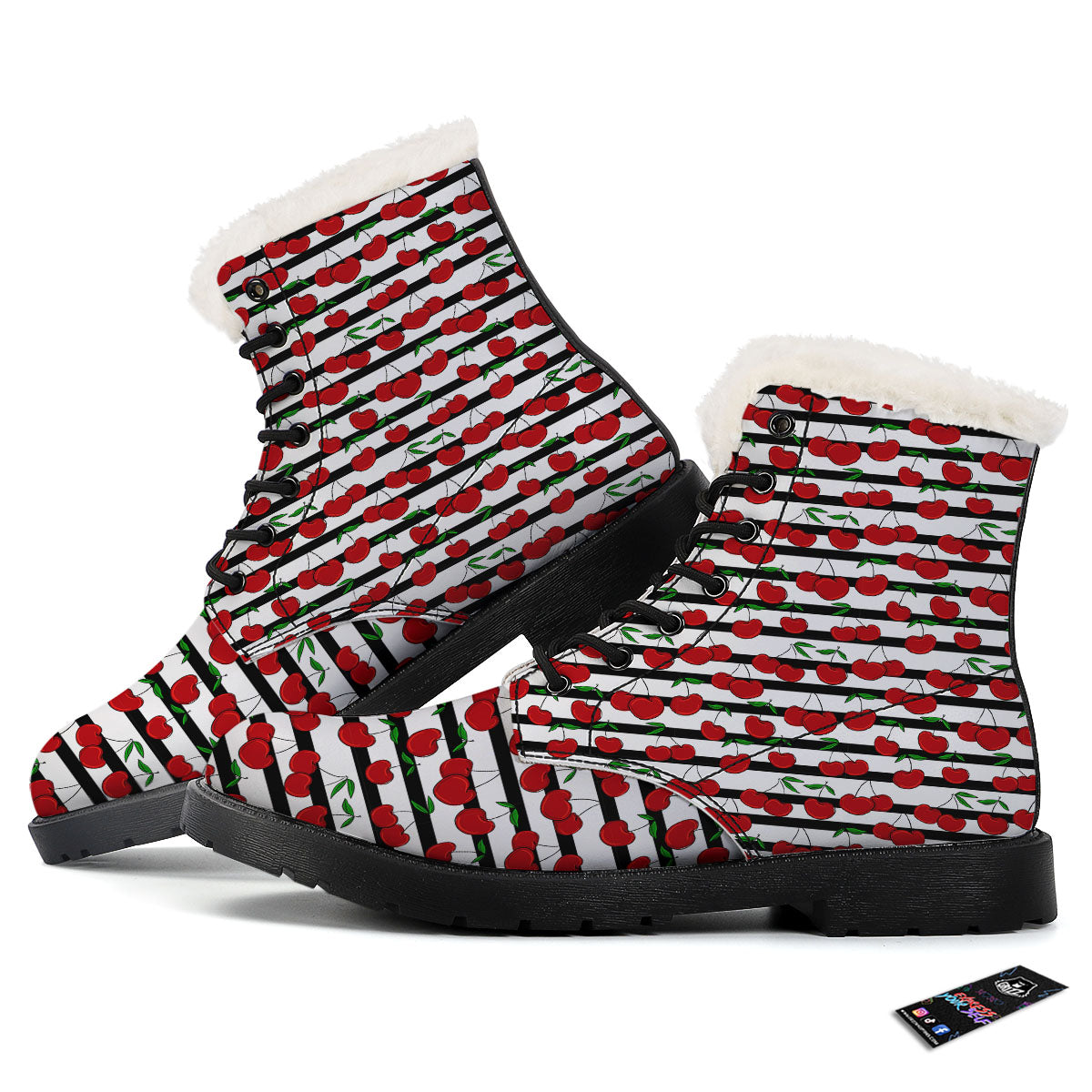 Striped Cherry Print Pattern Winter Boots-grizzshop