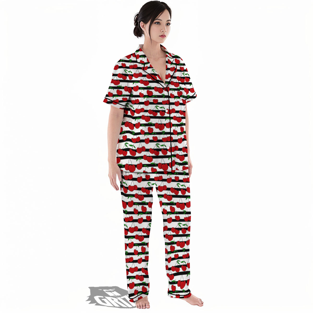 Striped Cherry Print Pattern Women's Pajamas Set-grizzshop
