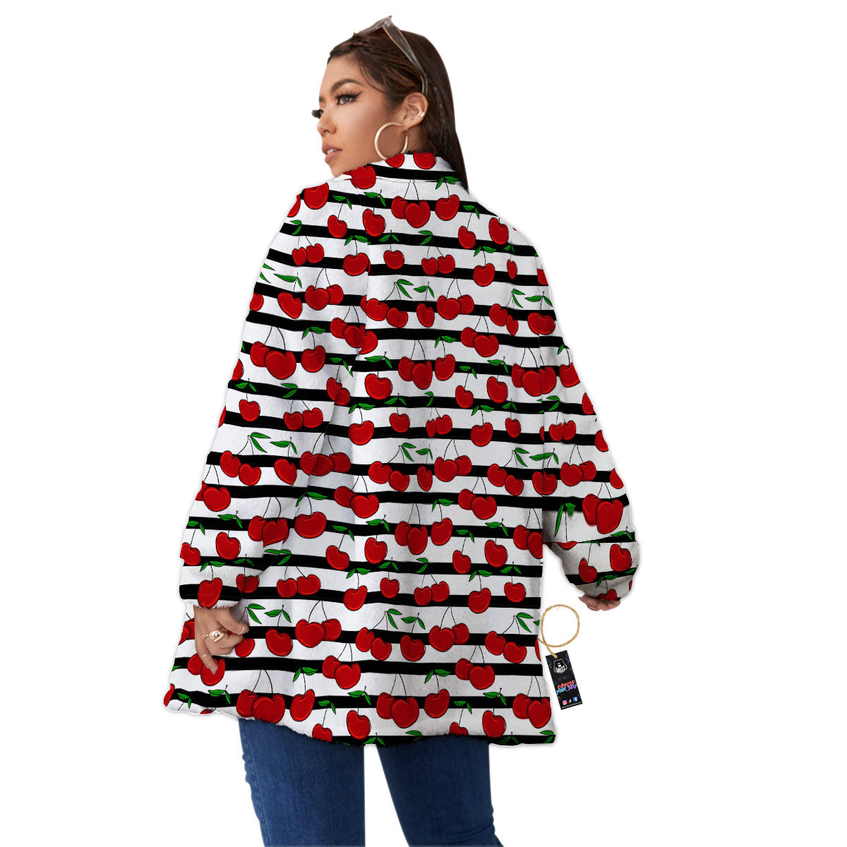 Striped Cherry Print Pattern Women's Sherpa Jacket-grizzshop