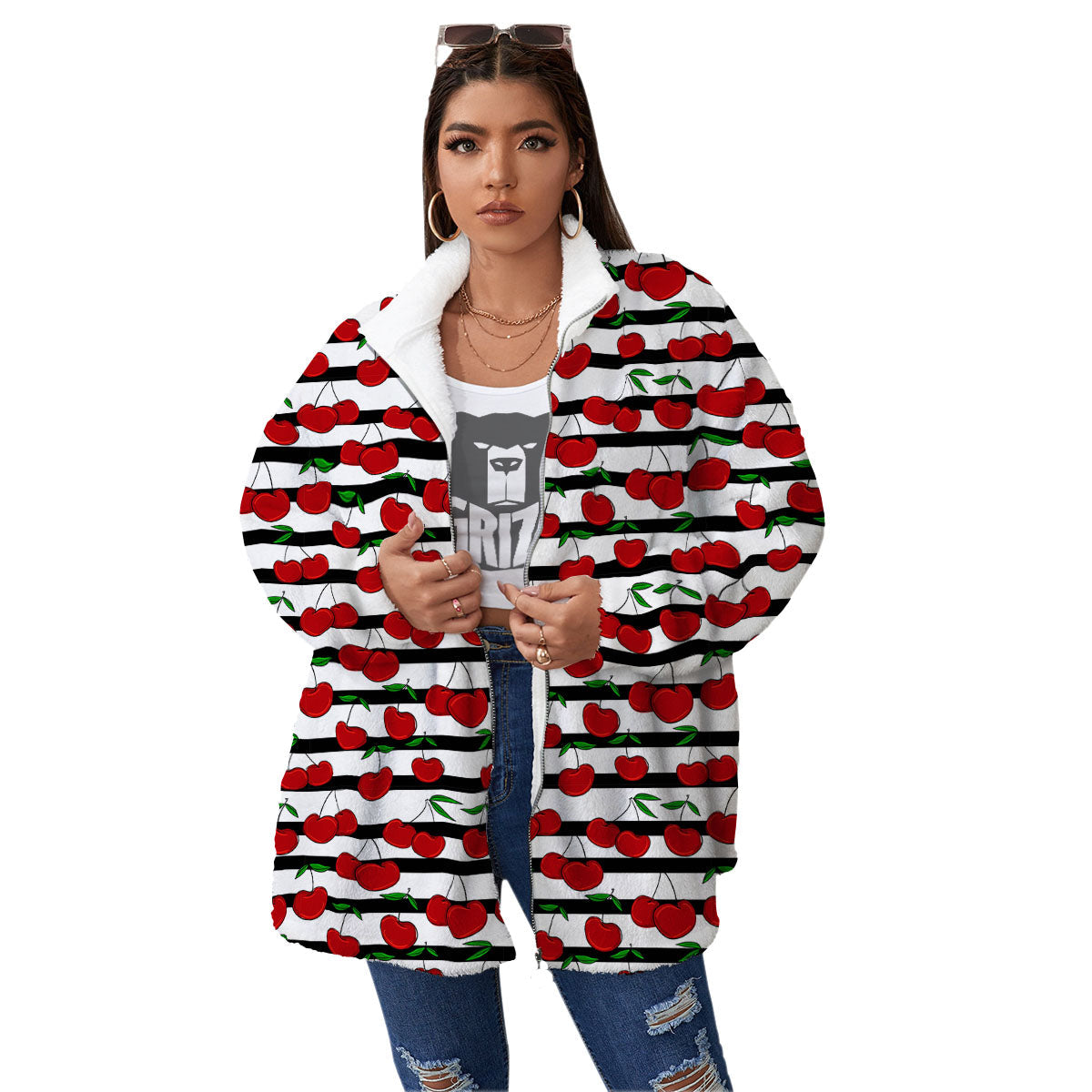 Striped Cherry Print Pattern Women's Sherpa Jacket-grizzshop