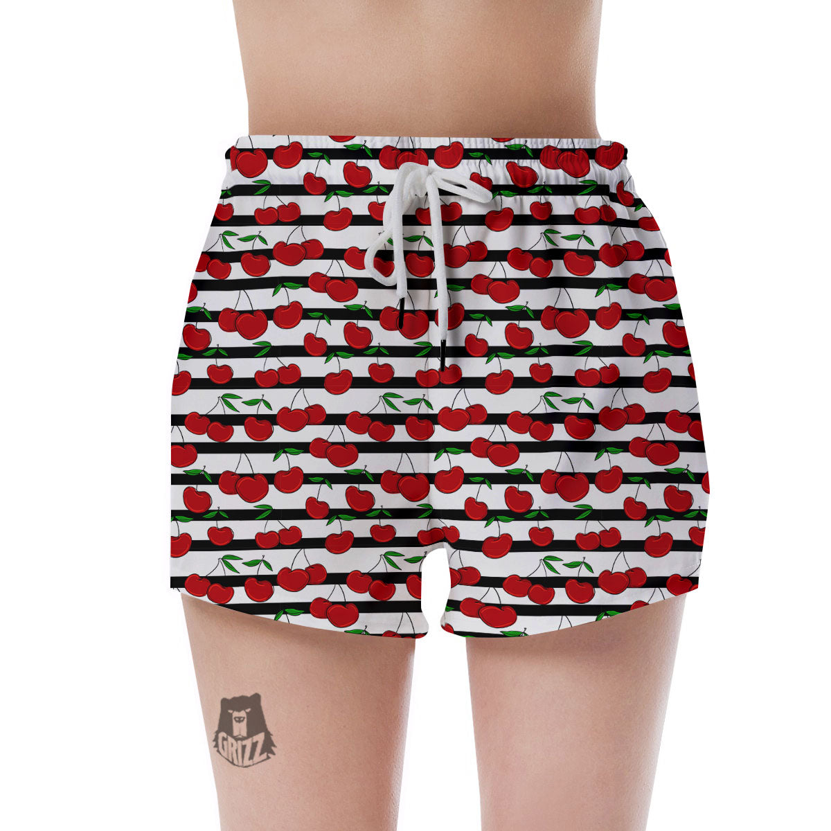 Striped Cherry Print Pattern Women's Shorts-grizzshop