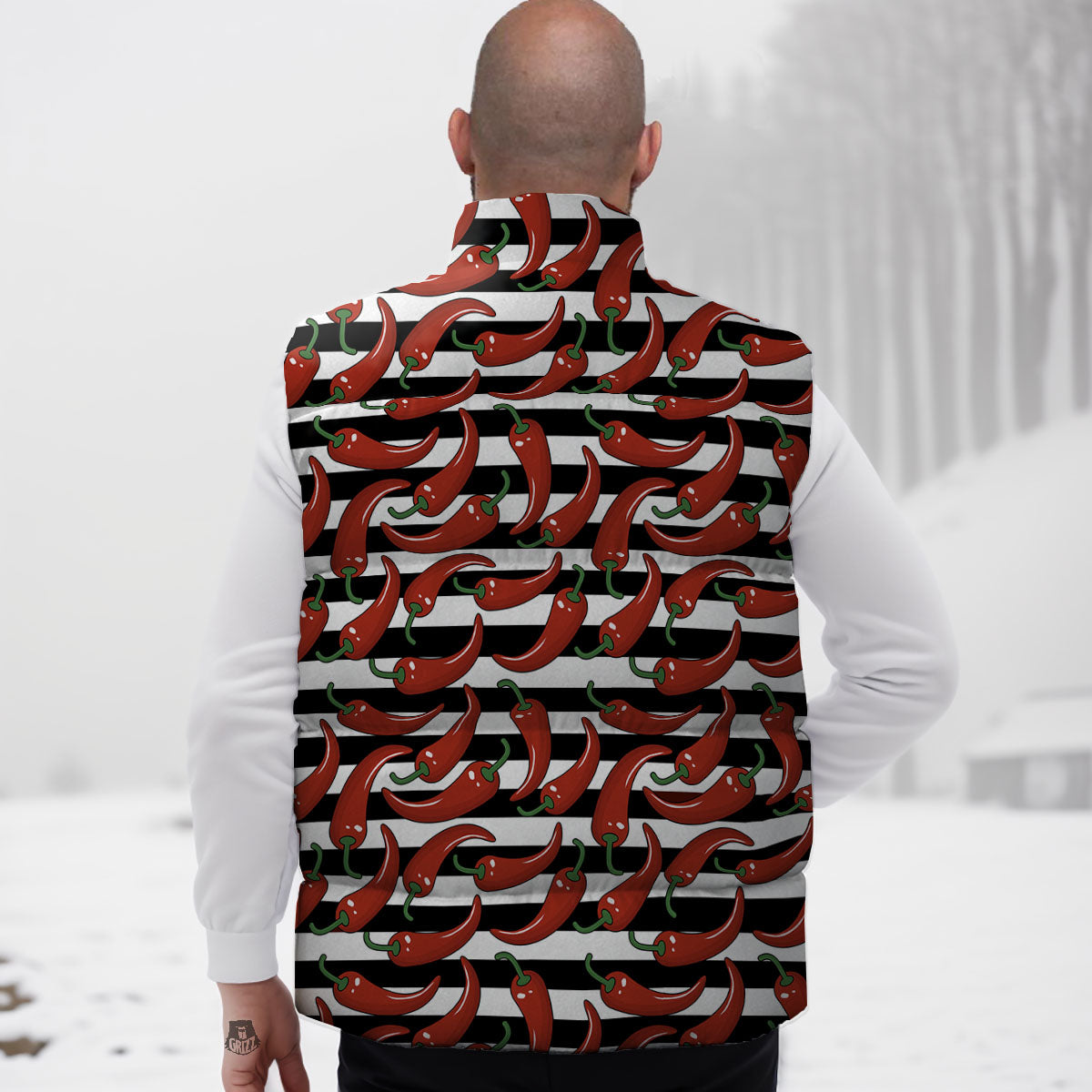Striped Chili White And Black Print Down Vest
