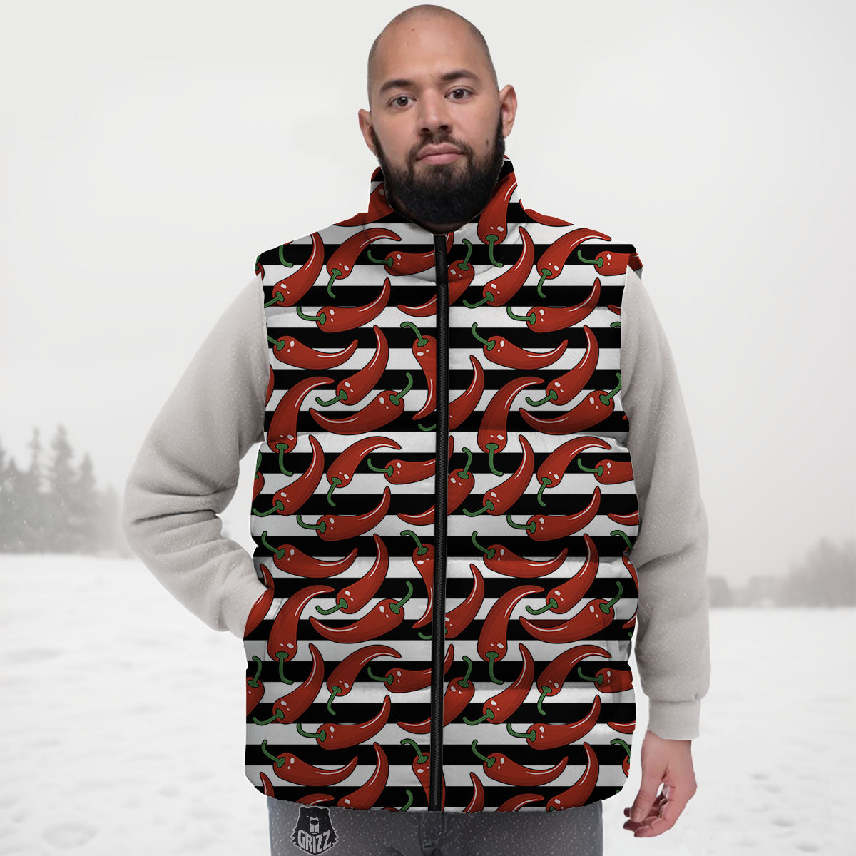 Striped Chili White And Black Print Down Vest