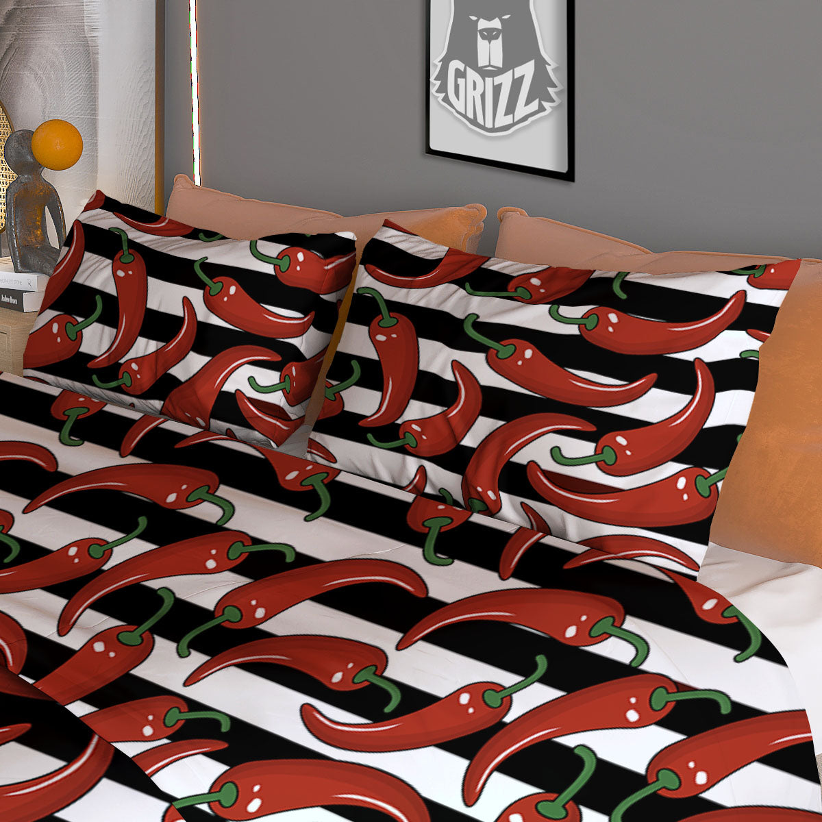 Striped Chili White And Black Print Duvet Cover Bedding Set