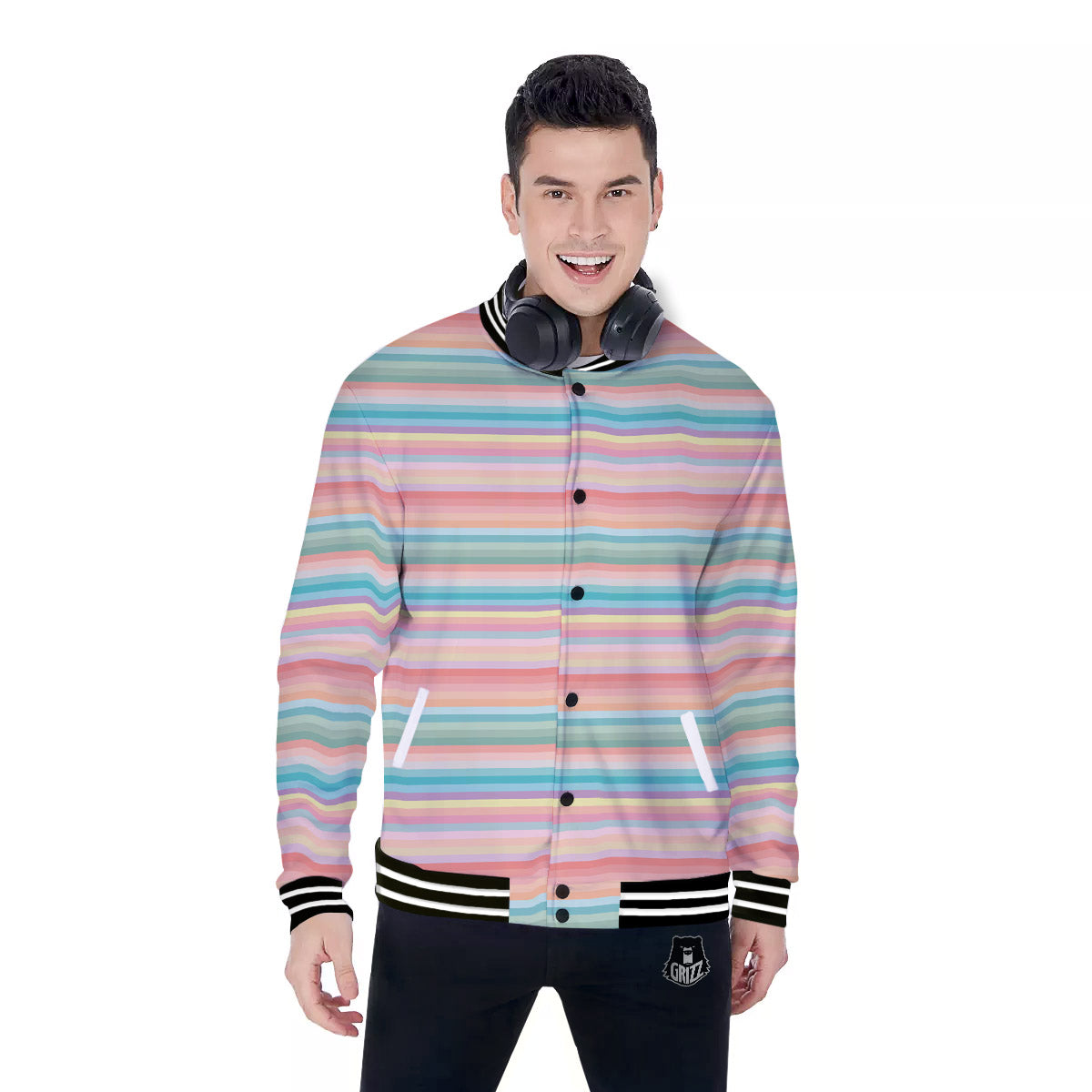 Striped Colorful Print Pattern Baseball Jacket-grizzshop