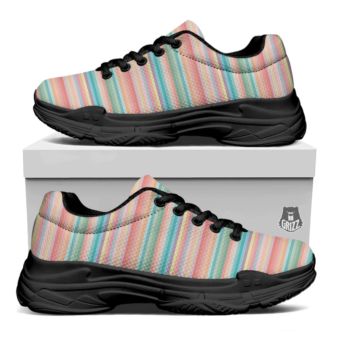 Striped Colorful Print Pattern Black Chunky Shoes-grizzshop