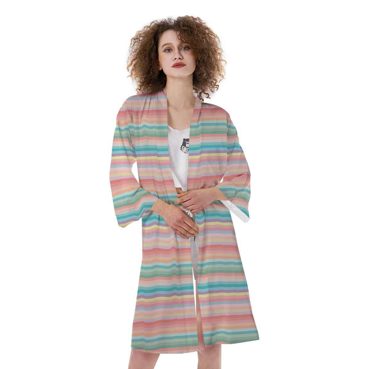 Striped Colorful Print Pattern Kimono-grizzshop