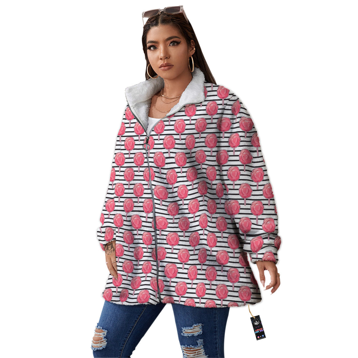 Striped Cotton Candy Print Pattern Women's Sherpa Jacket-grizzshop
