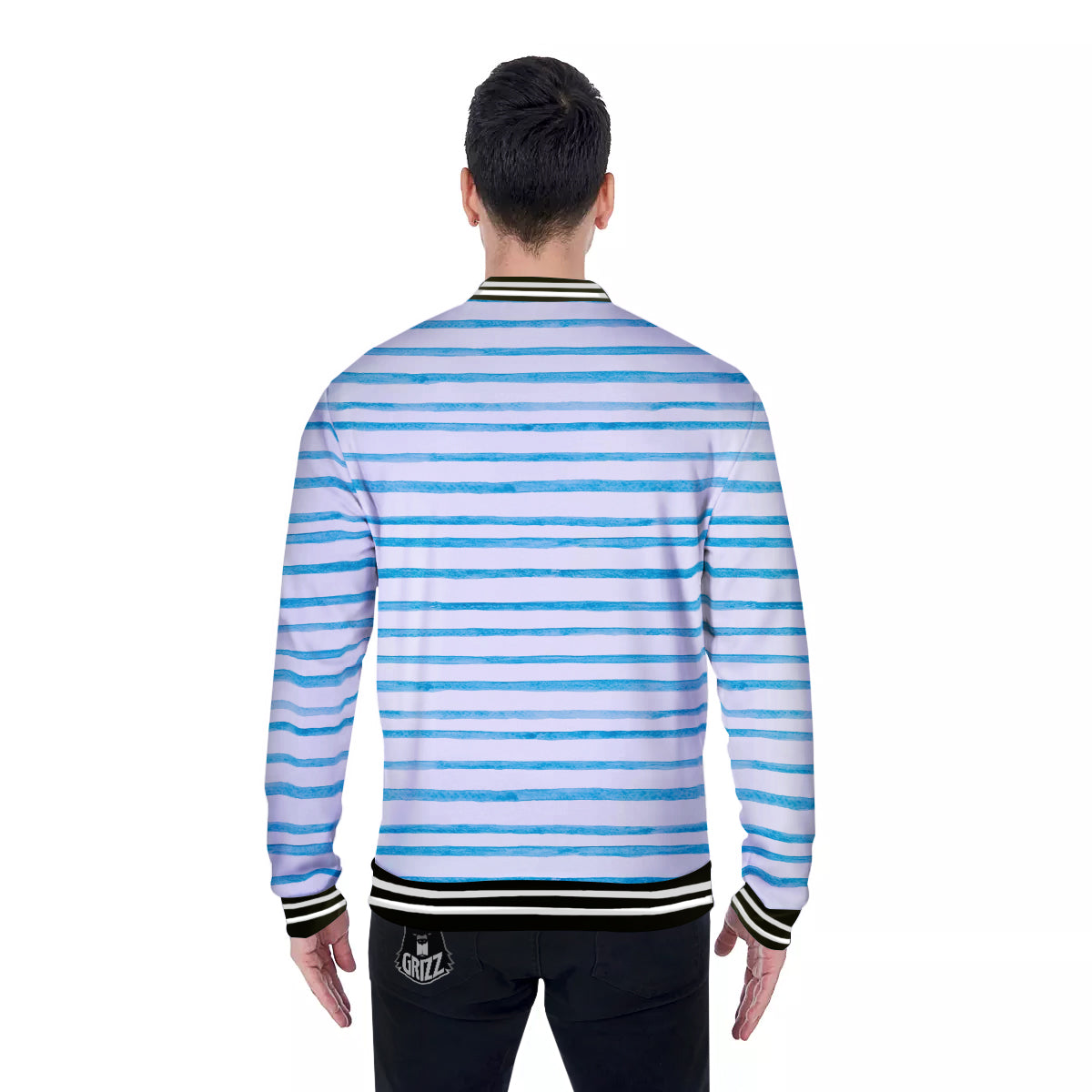 Striped Cyan And White Print Pattern Baseball Jacket-grizzshop