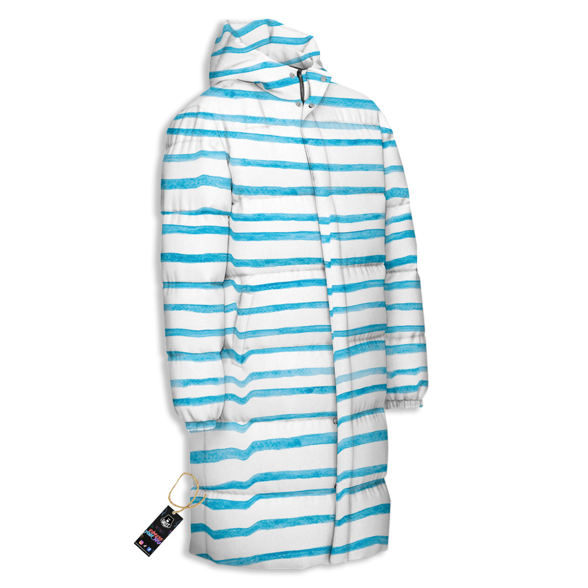 Striped Cyan And White Print Pattern Long Down Jacket-grizzshop