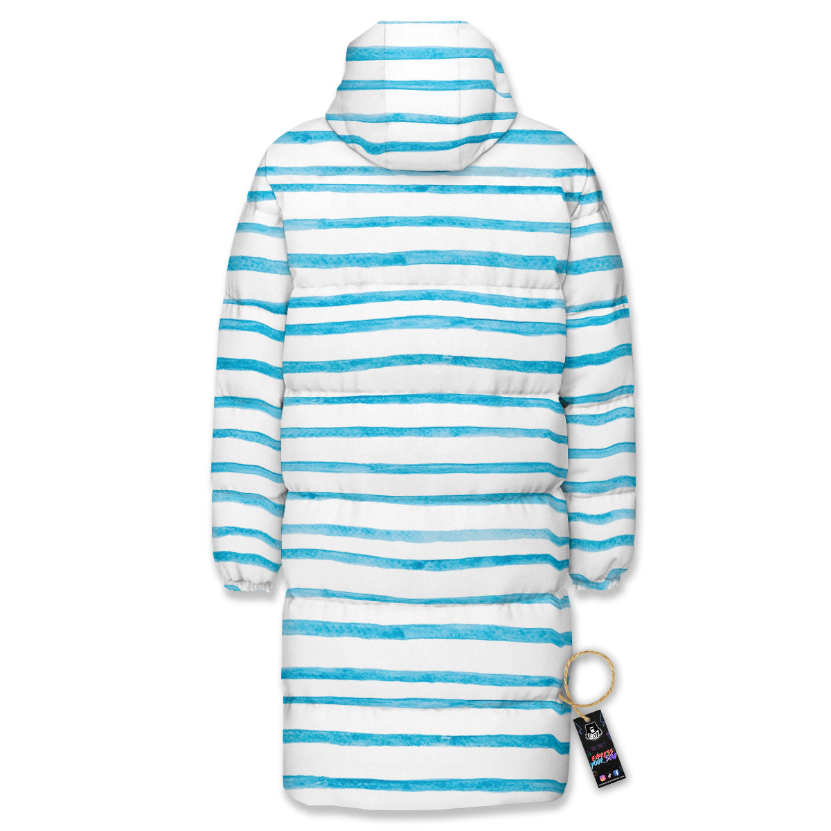 Striped Cyan And White Print Pattern Long Down Jacket-grizzshop