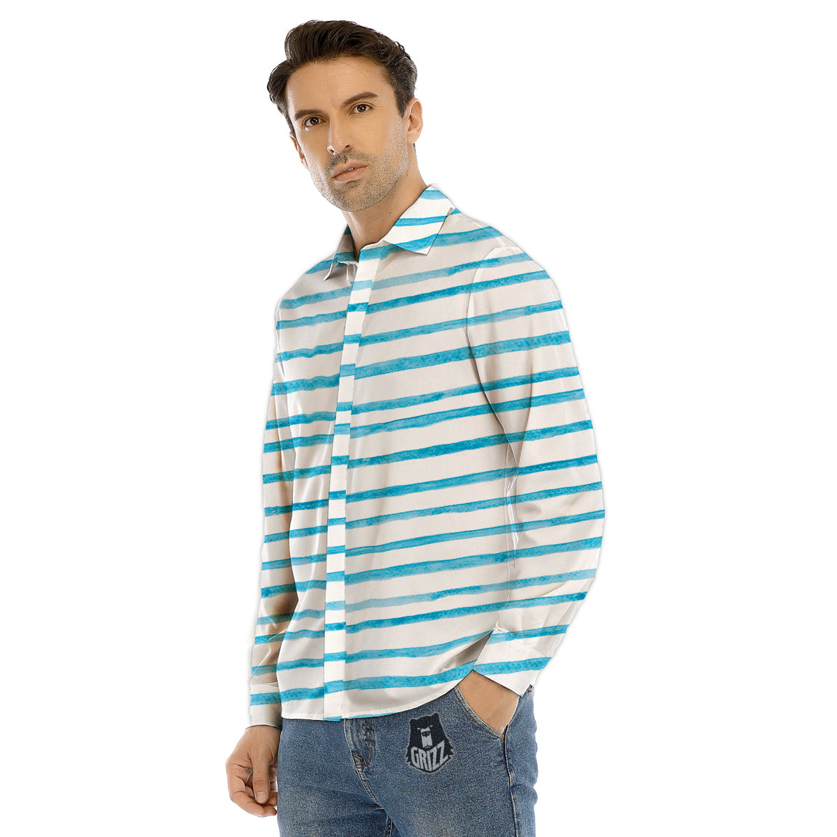 Striped Cyan And White Print Pattern Men's Dress Shirts-grizzshop