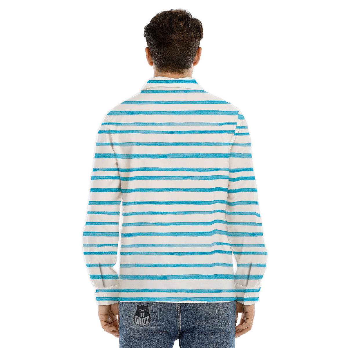 Striped Cyan And White Print Pattern Men's Dress Shirts-grizzshop