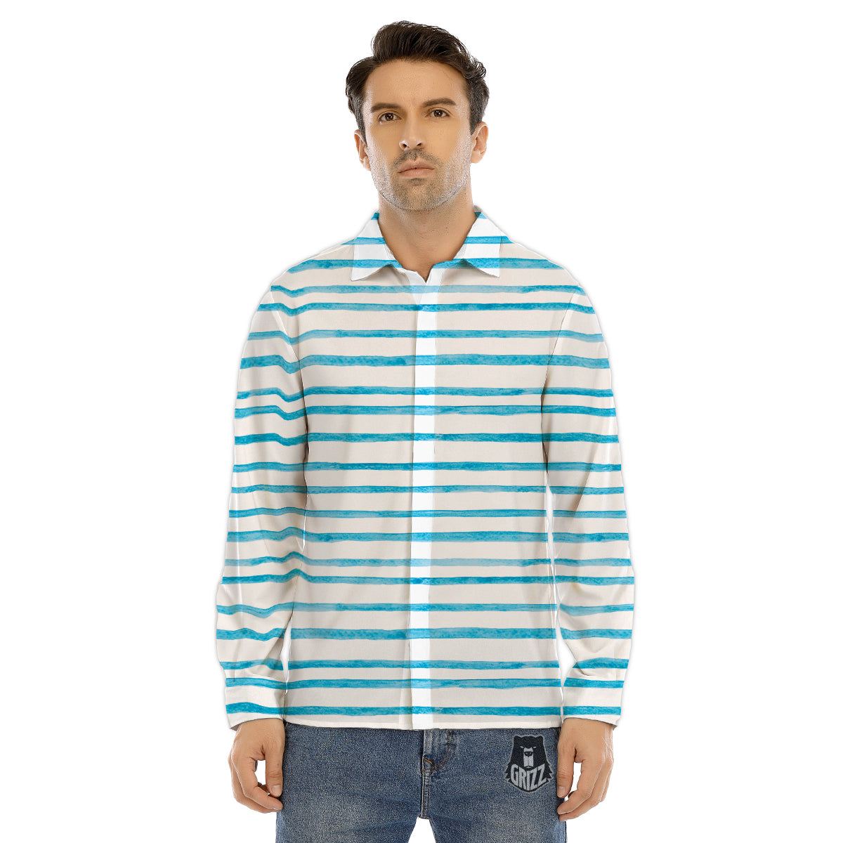 Striped Cyan And White Print Pattern Men's Dress Shirts-grizzshop