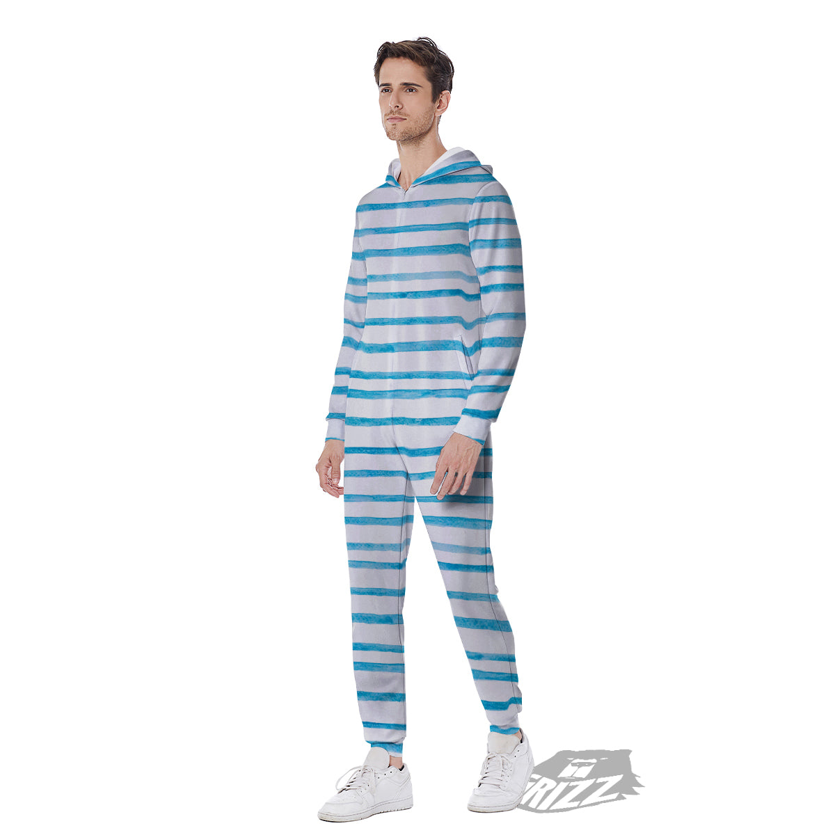 Striped Cyan And White Print Pattern Men's Jumpsuit-grizzshop