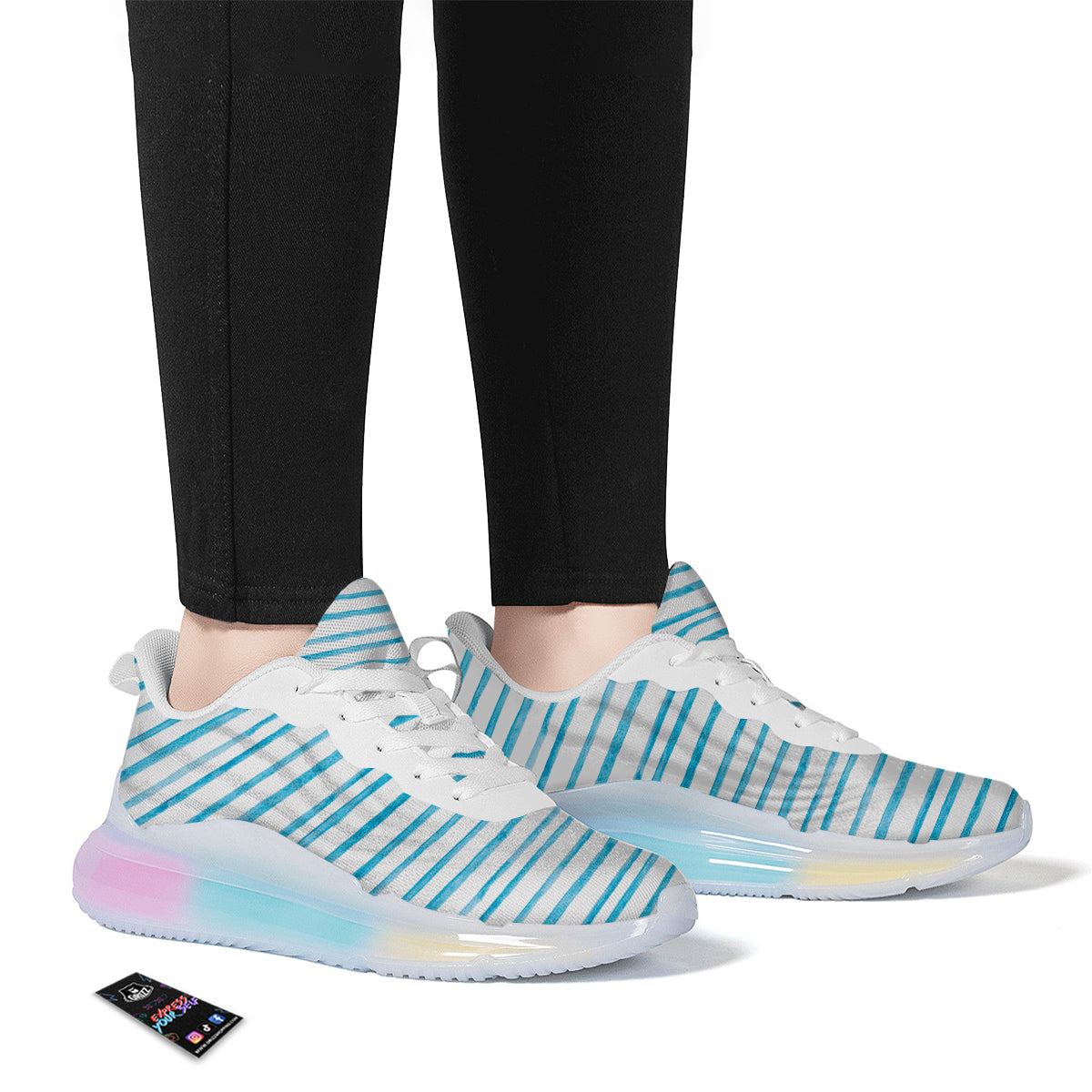 Striped Cyan And White Print Pattern Running Sneakers-grizzshop