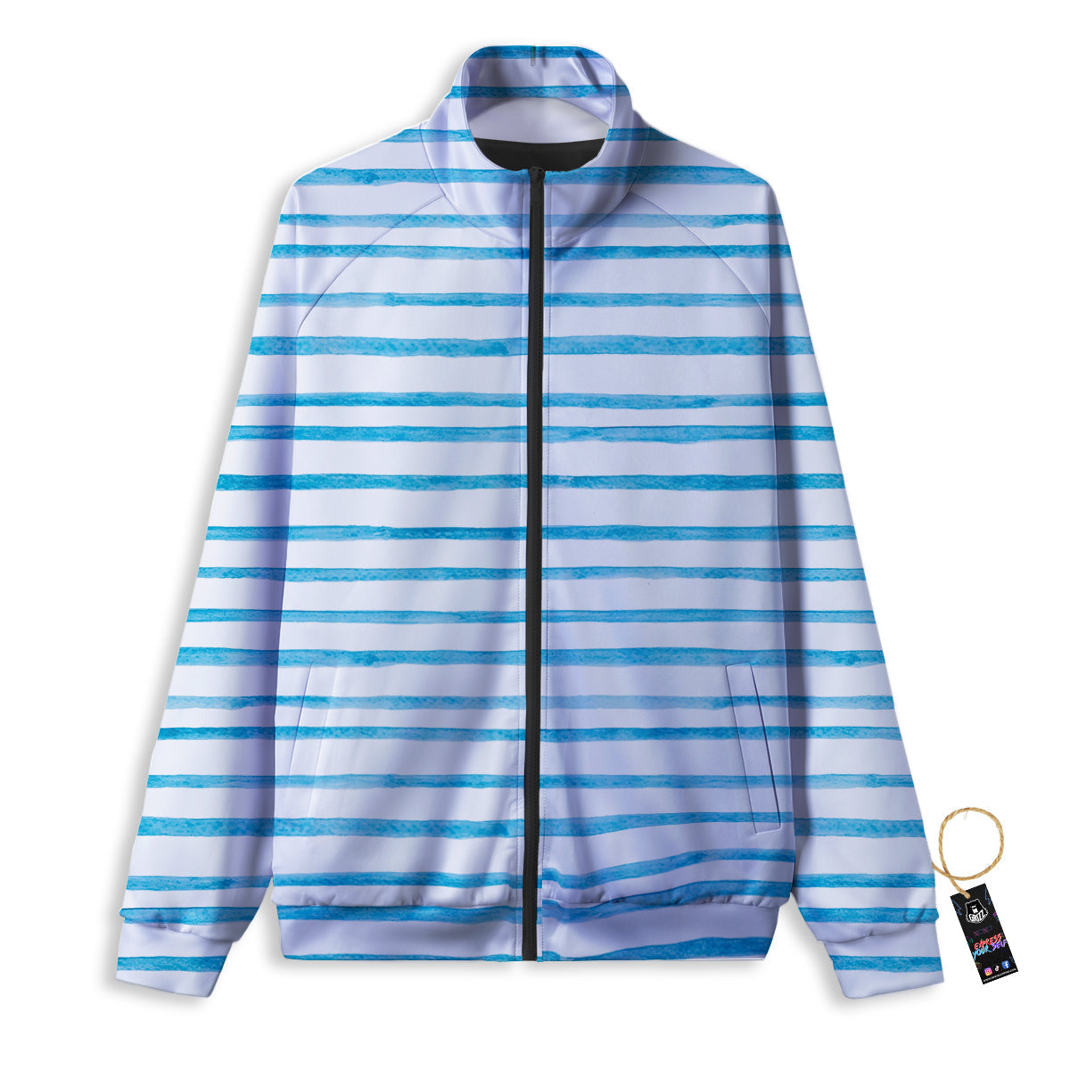 Striped Cyan And White Print Pattern Track Jacket-grizzshop