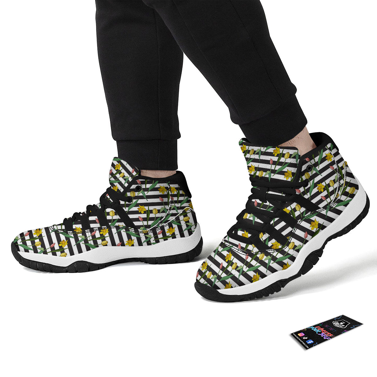 Striped Daffodil Yellow Print Pattern Black Bball Shoes-grizzshop