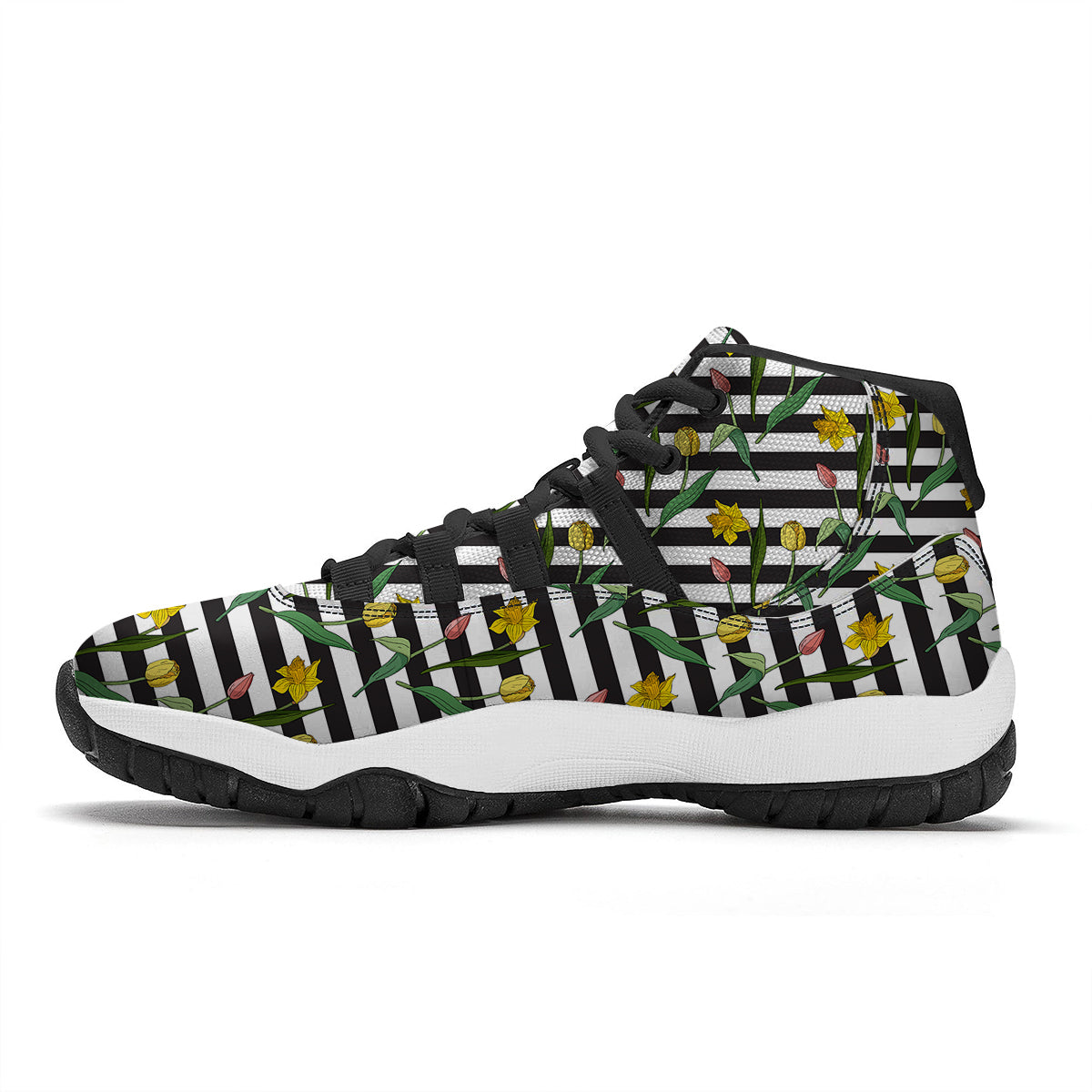 Striped Daffodil Yellow Print Pattern Black Bball Shoes-grizzshop