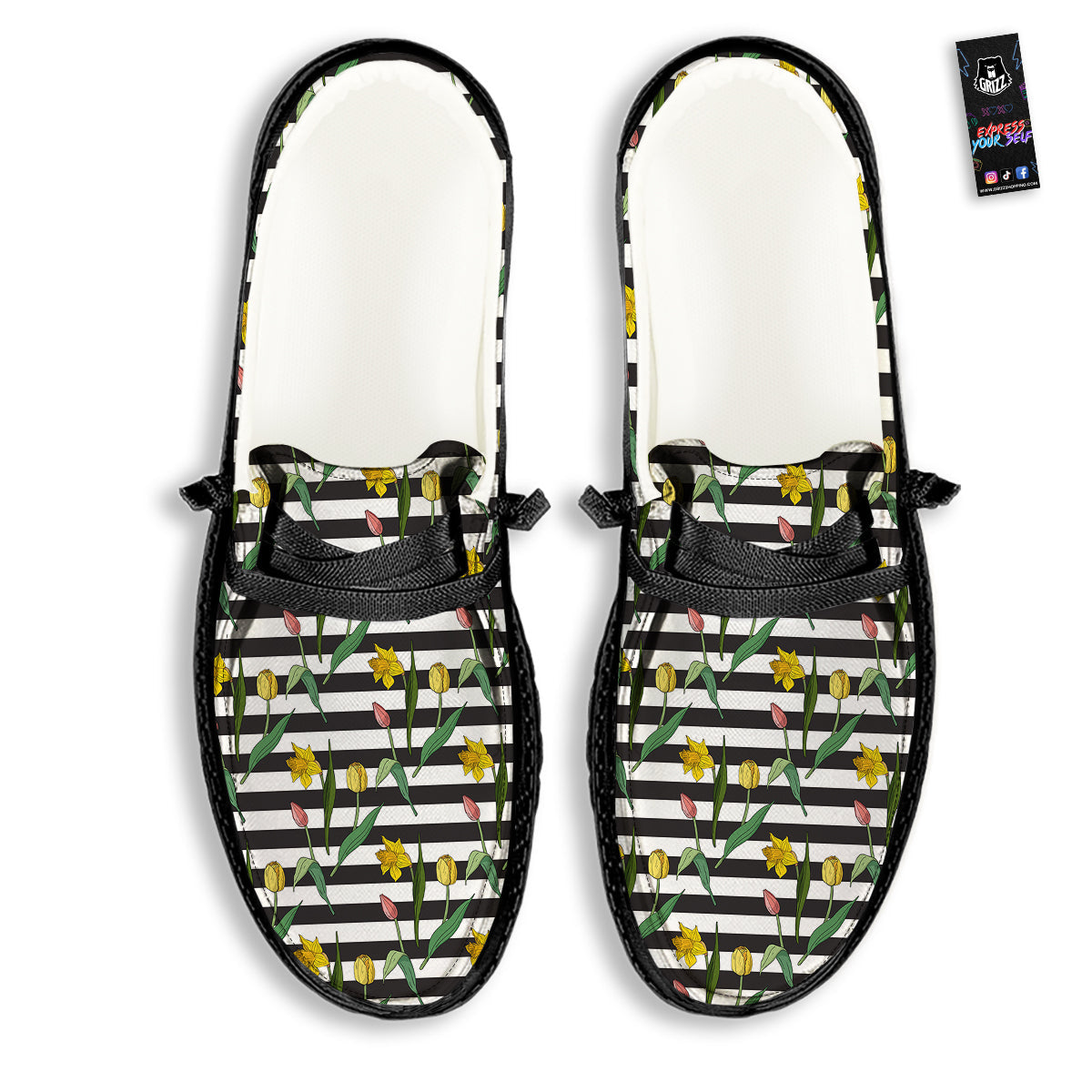 Striped Daffodil Yellow Print Pattern Black Loafers-grizzshop