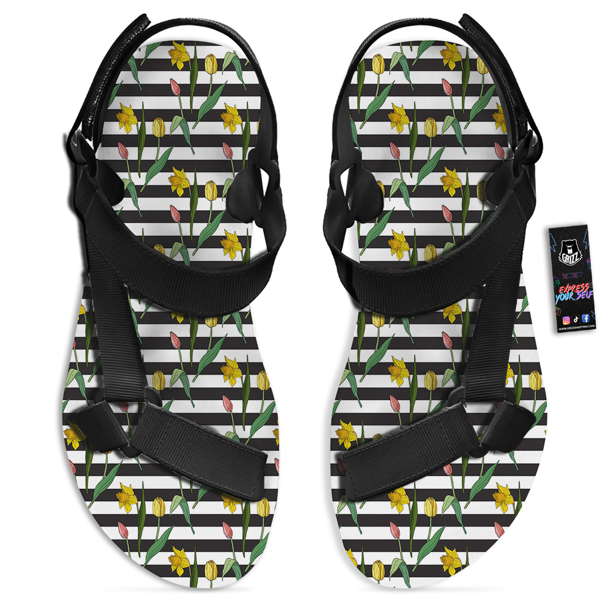 Striped Daffodil Yellow Print Pattern Black Open Toe Sandals-grizzshop