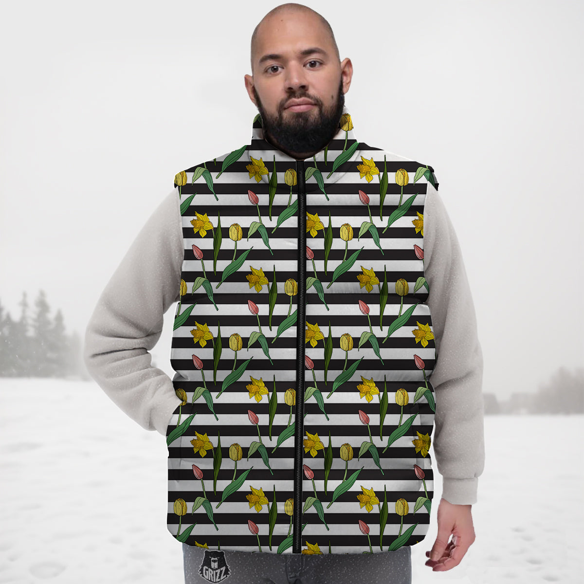 Striped Daffodil Yellow Print Pattern Down Vest-grizzshop