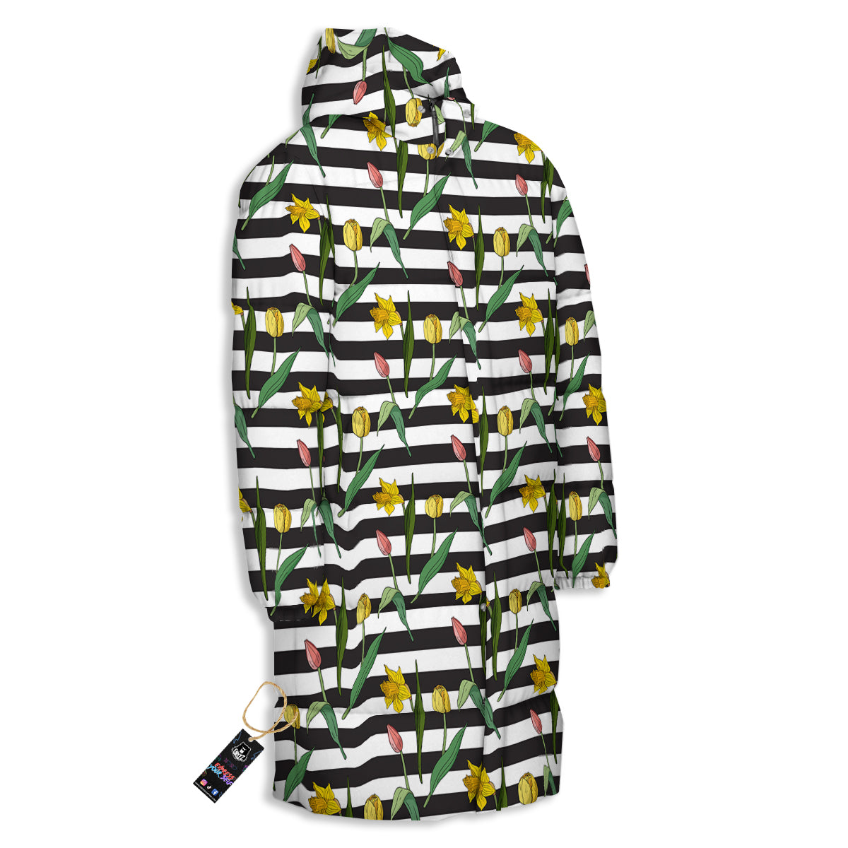 Striped Daffodil Yellow Print Pattern Long Down Jacket-grizzshop