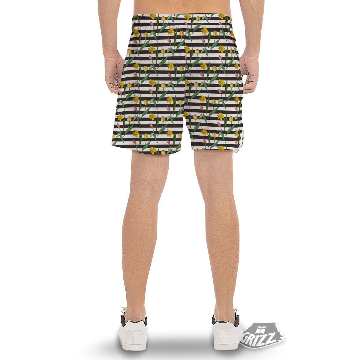 Striped Daffodil Yellow Print Pattern Men's Gym Shorts-grizzshop