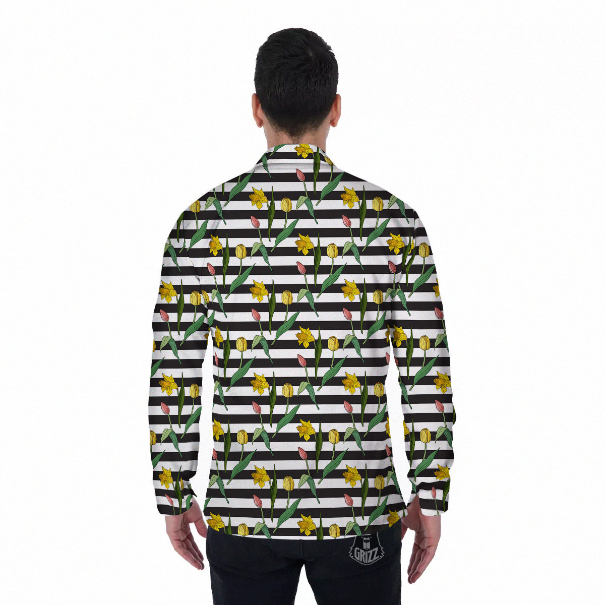Striped Daffodil Yellow Print Pattern Men's Long Sleeve Shirts-grizzshop