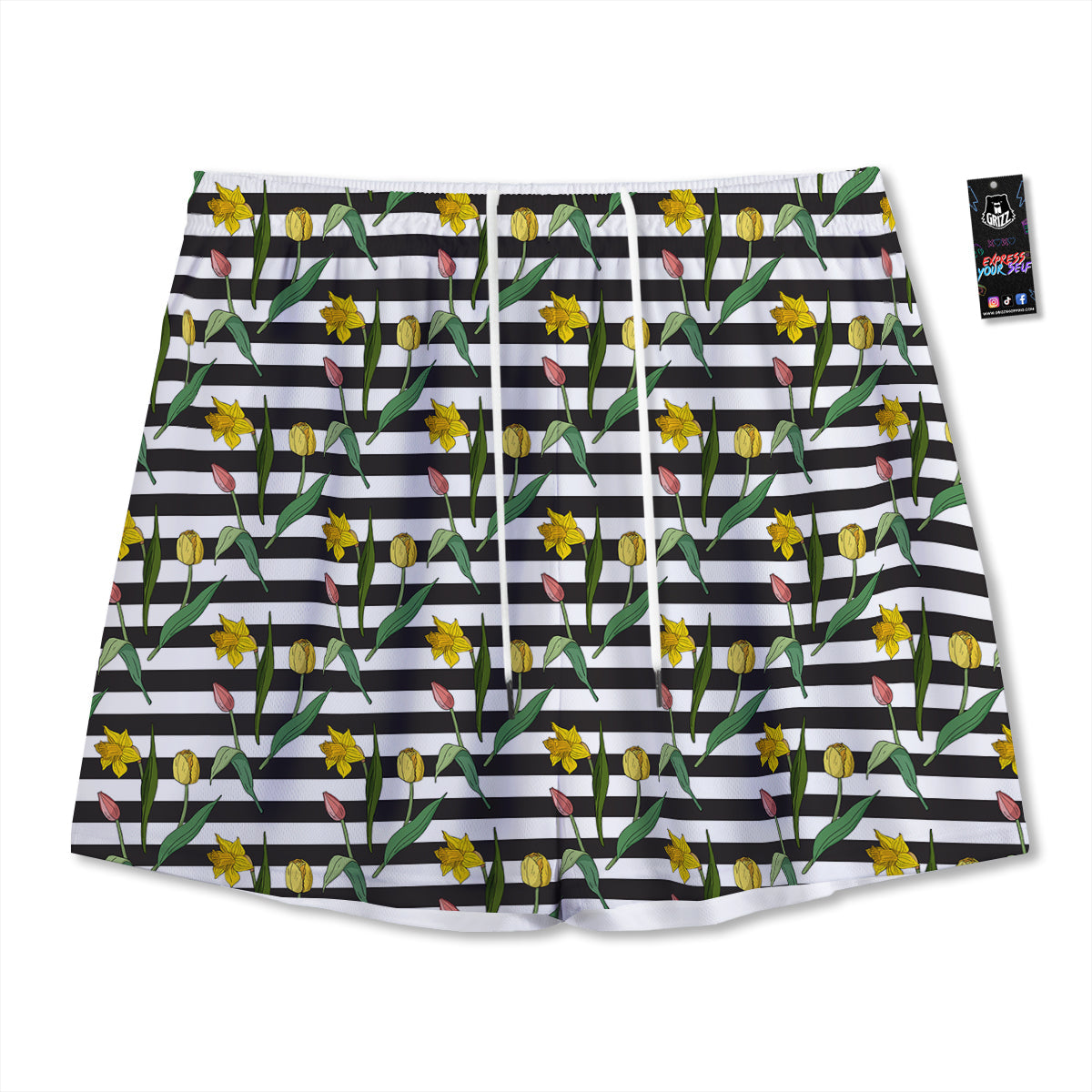 Striped Daffodil Yellow Print Pattern Mesh Shorts