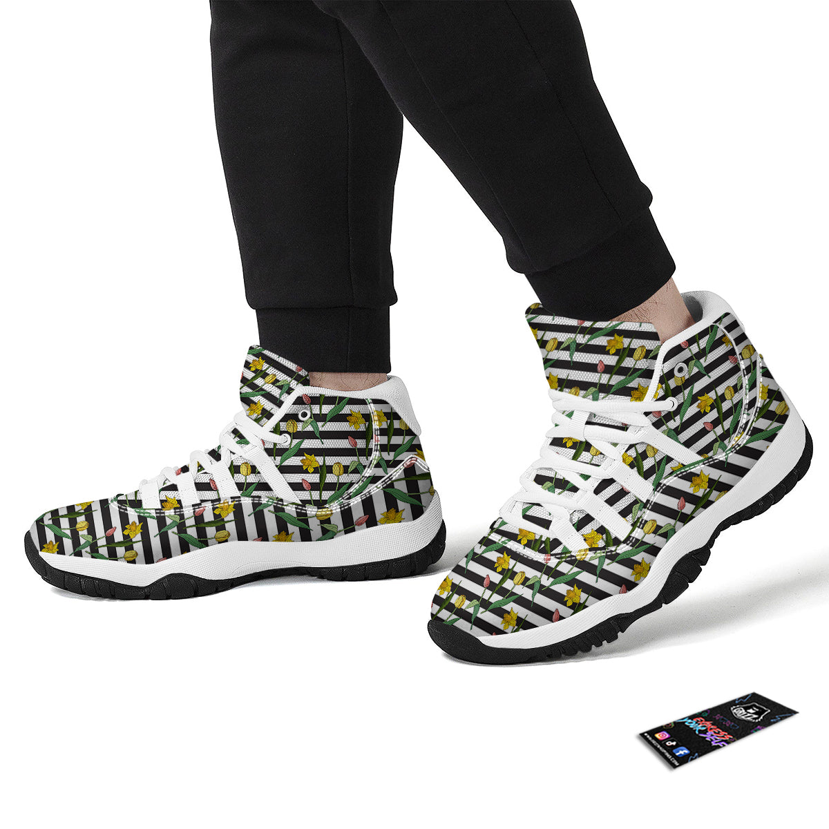 Striped Daffodil Yellow Print Pattern White Bball Shoes-grizzshop