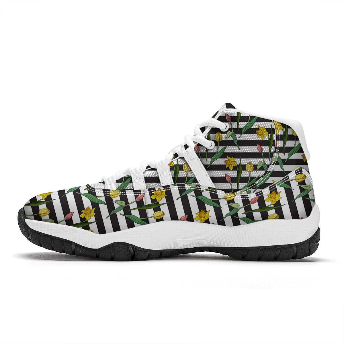 Striped Daffodil Yellow Print Pattern White Bball Shoes-grizzshop