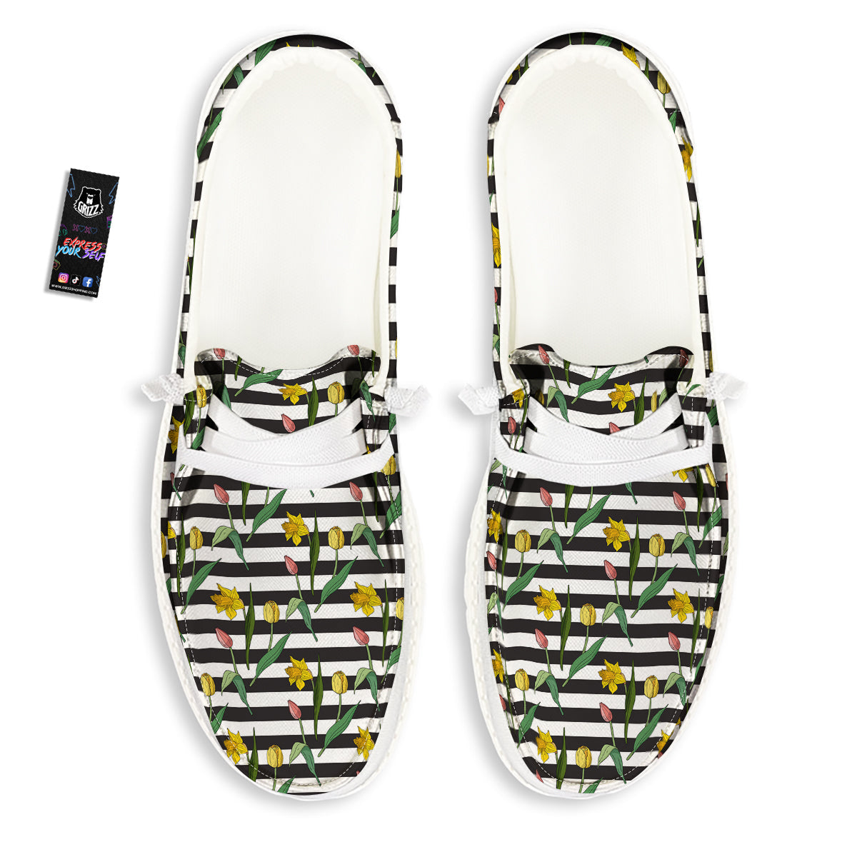 Striped Daffodil Yellow Print Pattern White Loafers-grizzshop