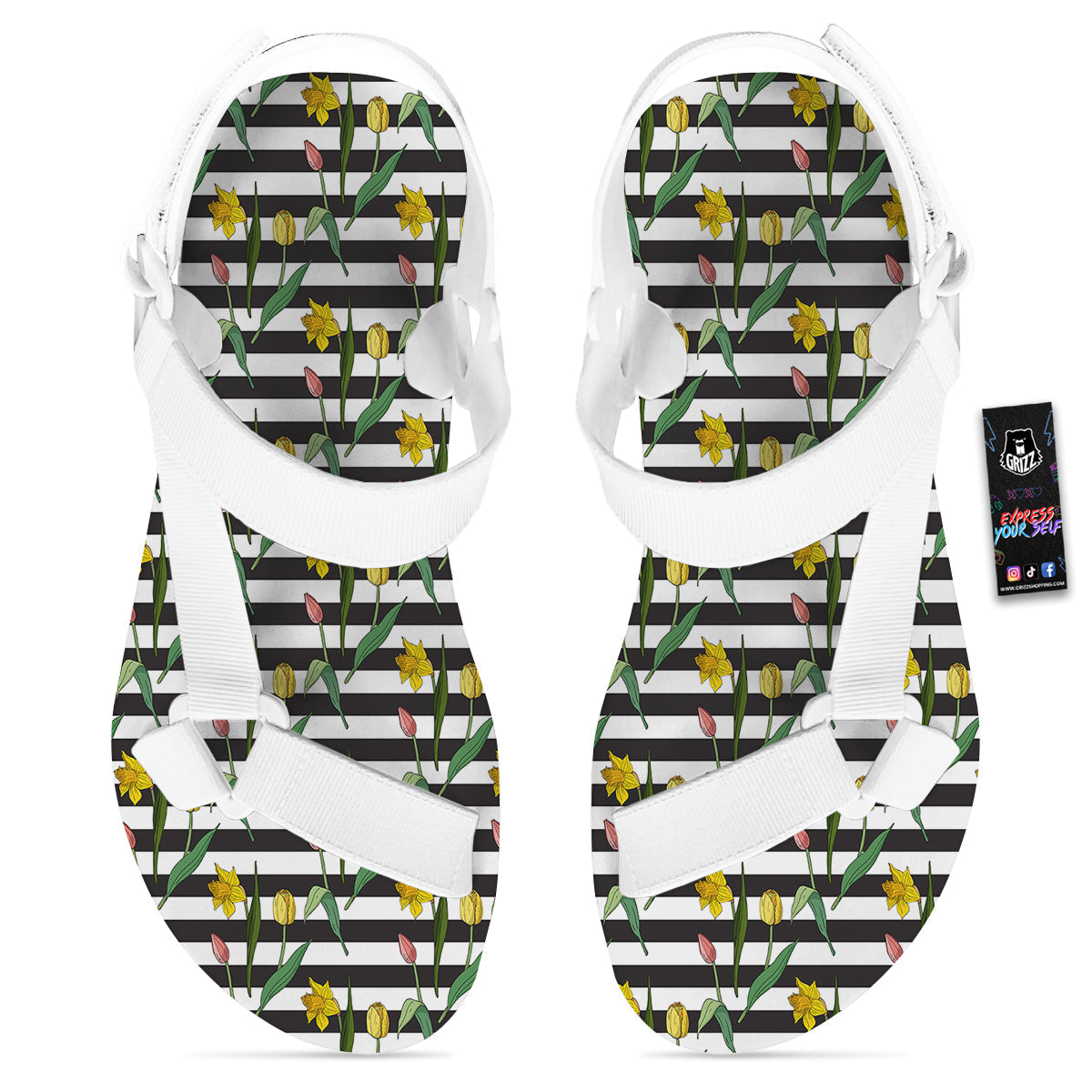 Striped Daffodil Yellow Print Pattern White Open Toe Sandals-grizzshop