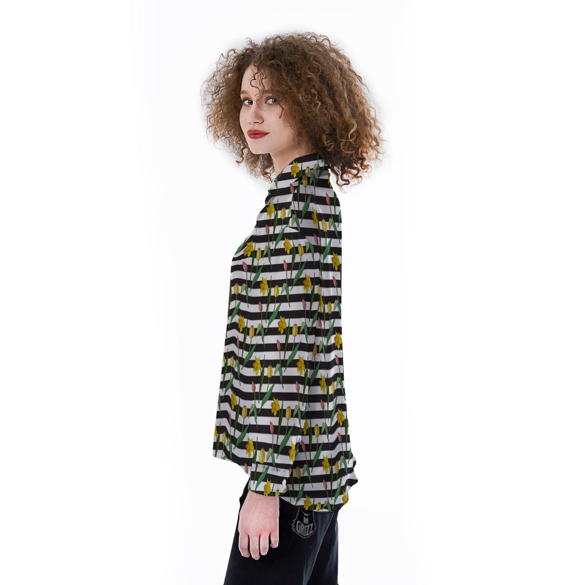 Striped Daffodil Yellow Print Pattern Women's Long Sleeve Shirts-grizzshop