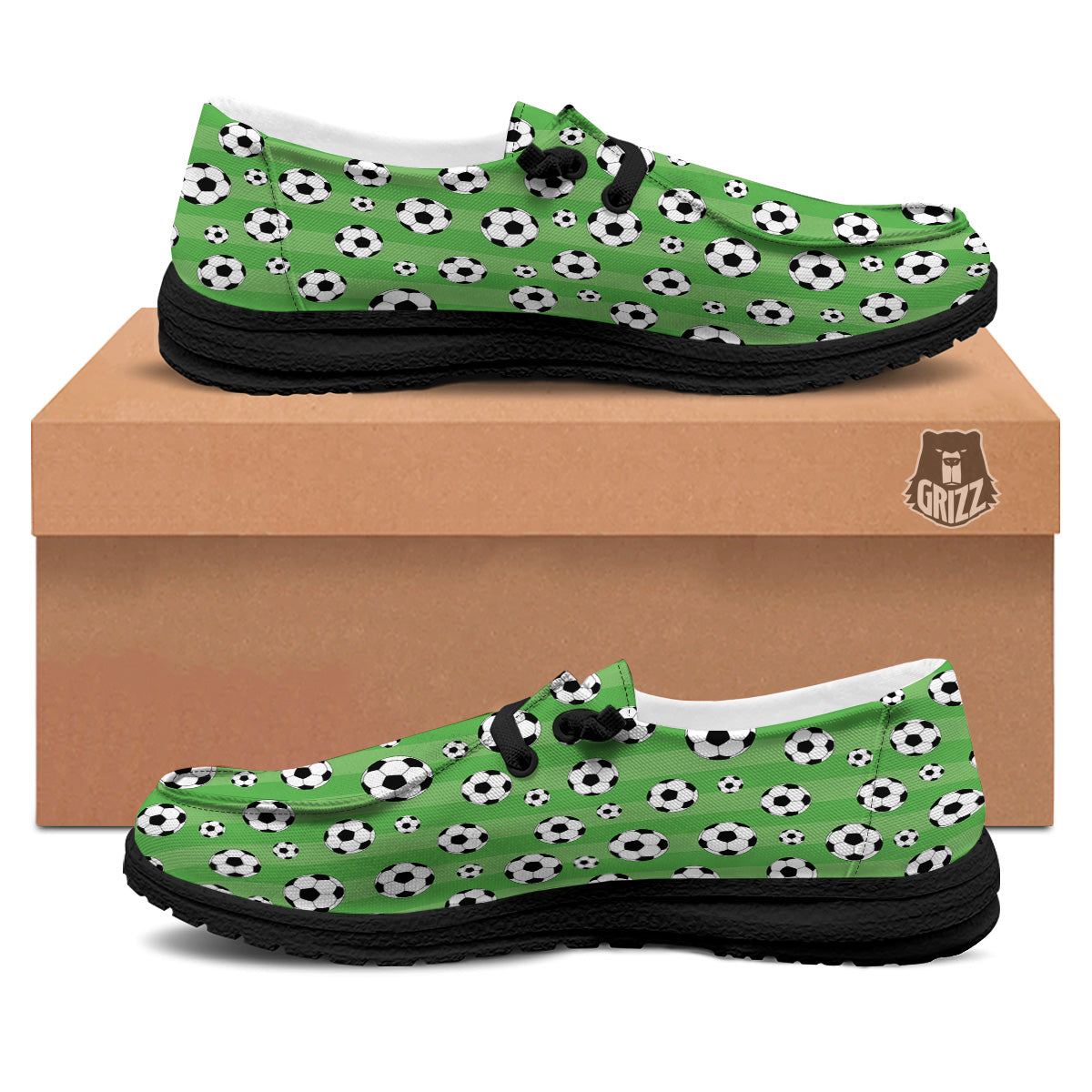 Striped Green Football Print Pattern Black Loafers-grizzshop