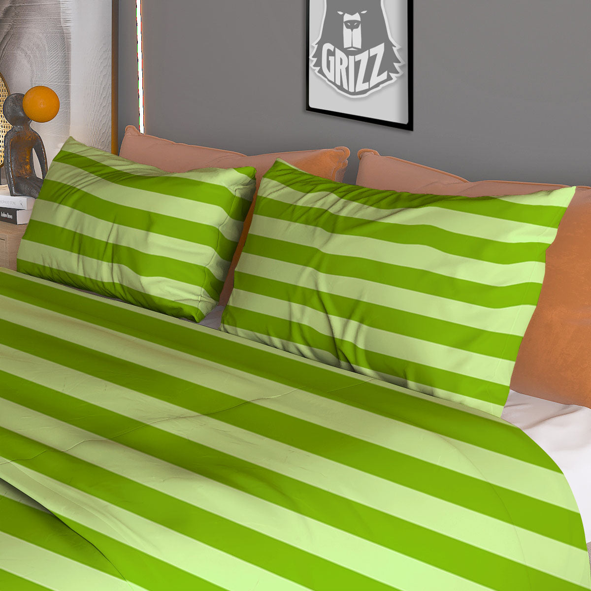 Striped Green Print Pattern Duvet Cover Bedding Set
