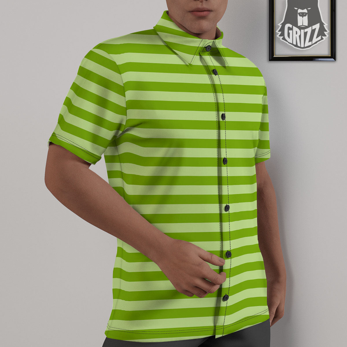 Striped Green Print Pattern Untucked Shirts-grizzshop